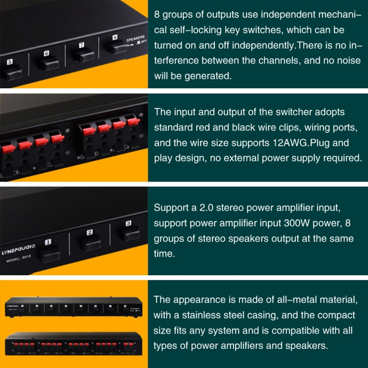 Caja amplificadora de potencia de 100W, 1 entrada y 8 salidas, altavoz conmutador de distribución