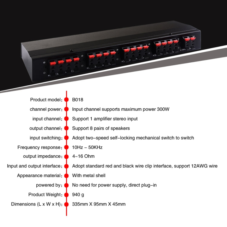 Caja amplificadora de potencia de 100W, 1 entrada y 8 salidas, altavoz conmutador de distribución