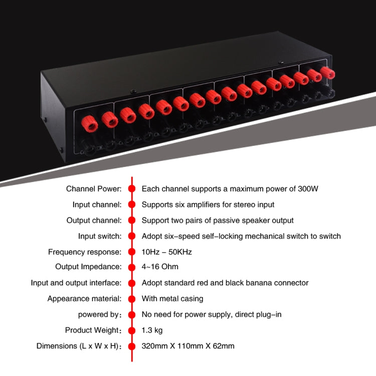 6 en 2 salidas 300W amplificador de potencia conmutador interruptor de altavoz distribuir dispositivo, 6 In 2 Out