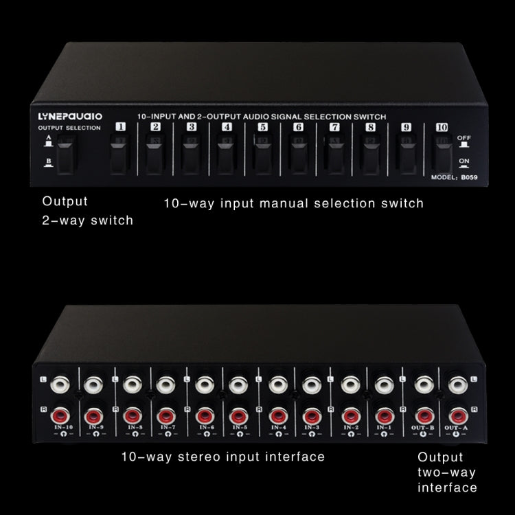 B059 10 en 2 salidas/2 en 10 salidas interruptor RCA de 2 vías señal de frecuencia de Audio seleccione dispositivo de cambio caja de altavoz, B059