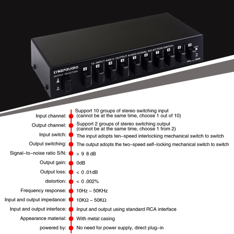 B059 10 en 2 salidas/2 en 10 salidas interruptor RCA de 2 vías señal de frecuencia de Audio seleccione dispositivo de cambio caja de altavoz, B059