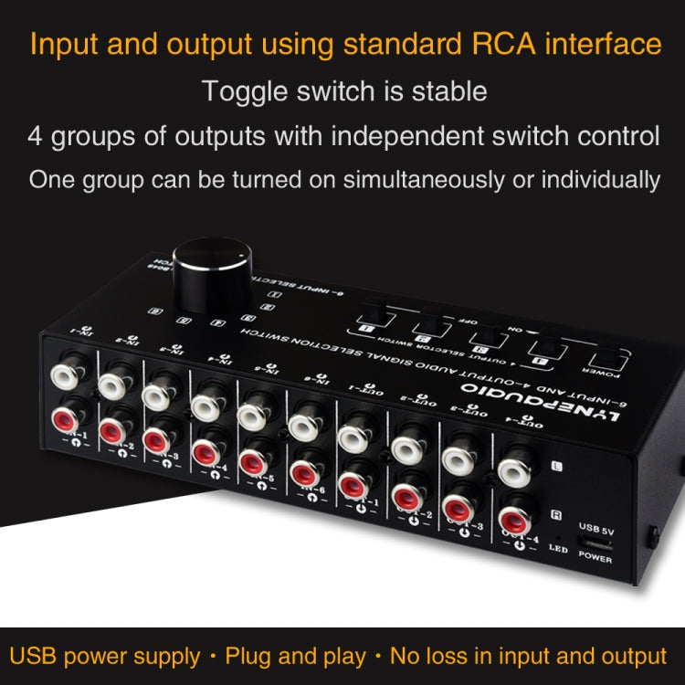 Conmutador de Audio RCA de 6 entradas y 4 salidas, Selector de señal, Control de interruptor de dispositivo de distribución