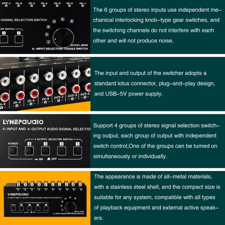 Conmutador de Audio RCA de 6 entradas y 4 salidas, Selector de señal, Control de interruptor de dispositivo de distribución