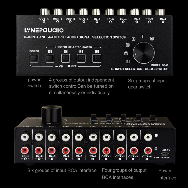 Conmutador de Audio RCA de 6 entradas y 4 salidas, Selector de señal, Control de interruptor de dispositivo de distribución