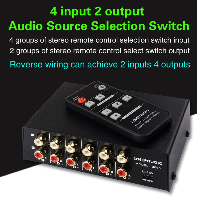 Dispositivo de interruptor selector de señal de audio RCA 4 en 2 salidas/2 en 4 salidas con control remoto