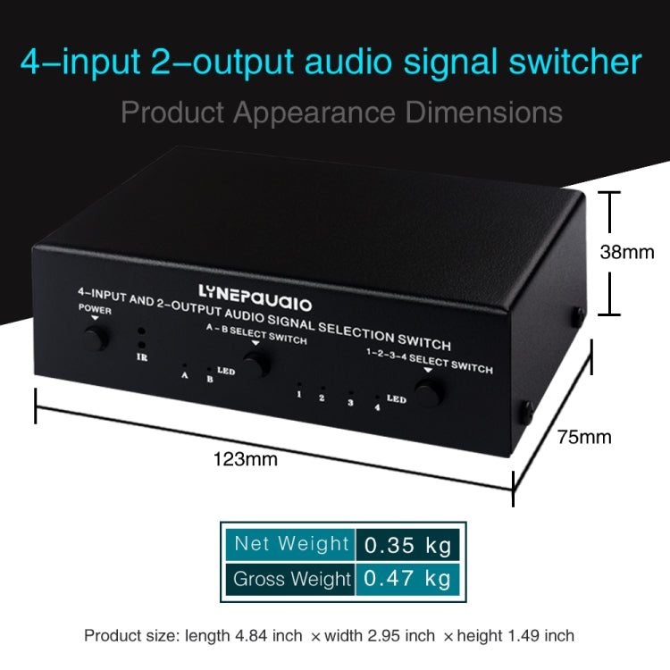 Dispositivo de interruptor selector de señal de audio RCA 4 en 2 salidas/2 en 4 salidas con control remoto