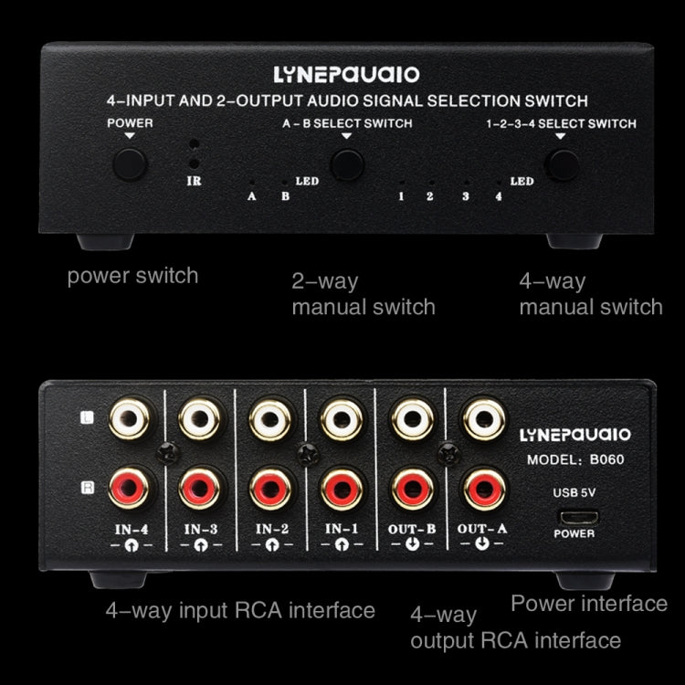 Dispositivo de interruptor selector de señal de audio RCA 4 en 2 salidas/2 en 4 salidas con control remoto