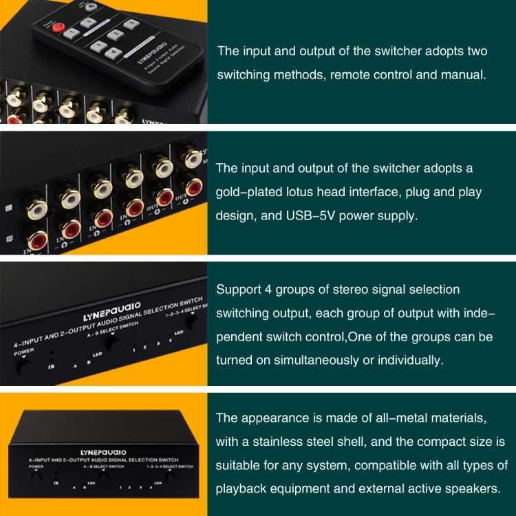 Dispositivo de interruptor selector de señal de audio RCA 4 en 2 salidas/2 en 4 salidas con control remoto