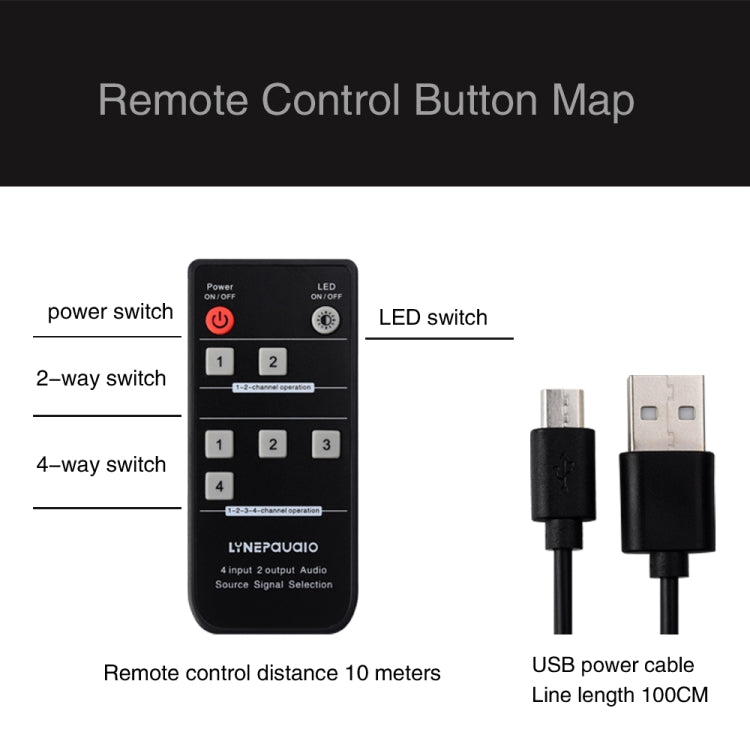 Dispositivo de interruptor selector de señal de audio RCA 4 en 2 salidas/2 en 4 salidas con control remoto
