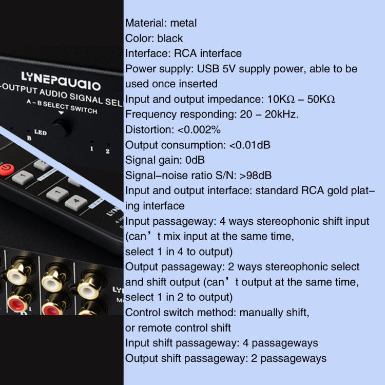 Dispositivo de interruptor selector de señal de audio RCA 4 en 2 salidas/2 en 4 salidas con control remoto
