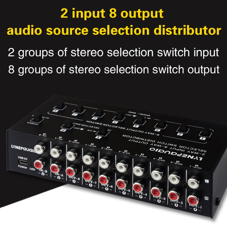 Distribuidor de interruptor de selección de señal de frecuencia de Audio RCA 2 en 8 salidas, 2 In 8 Out