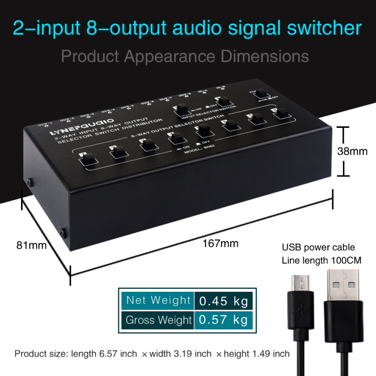 Distribuidor de interruptor de selección de señal de frecuencia de Audio RCA 2 en 8 salidas, 2 In 8 Out