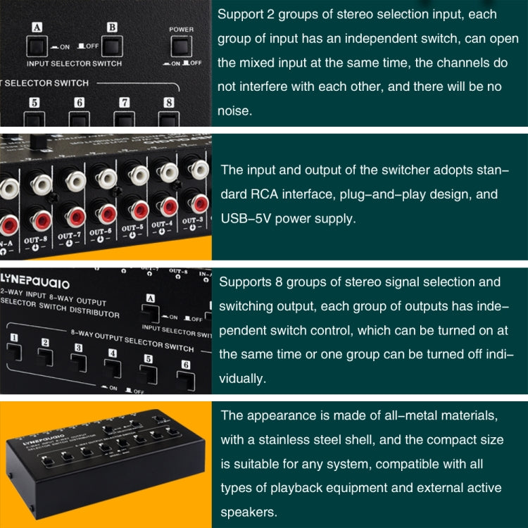 Distribuidor de interruptor de selección de señal de frecuencia de Audio RCA 2 en 8 salidas, 2 In 8 Out