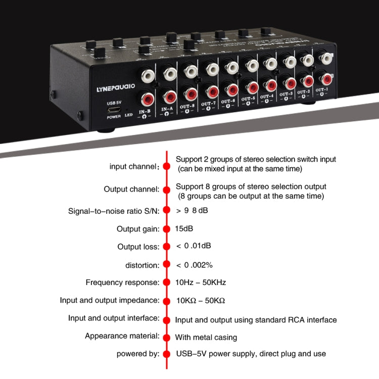 Distribuidor de interruptor de selección de señal de frecuencia de Audio RCA 2 en 8 salidas, 2 In 8 Out