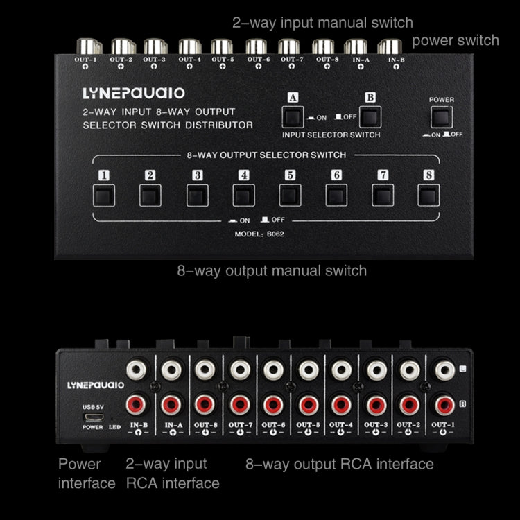Distribuidor de interruptor de selección de señal de frecuencia de Audio RCA 2 en 8 salidas, 2 In 8 Out