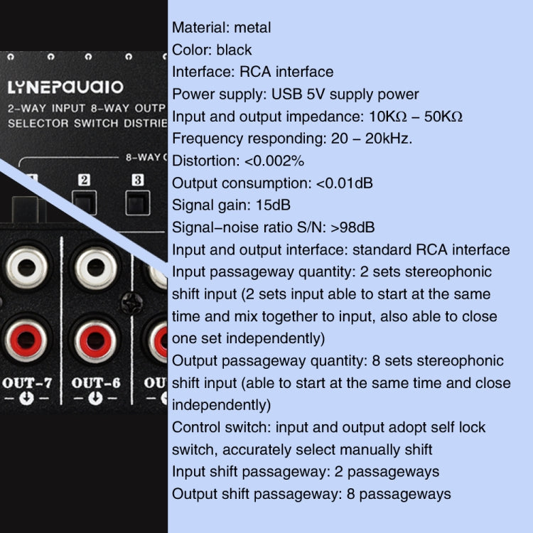 Distribuidor de interruptor de selección de señal de frecuencia de Audio RCA 2 en 8 salidas, 2 In 8 Out