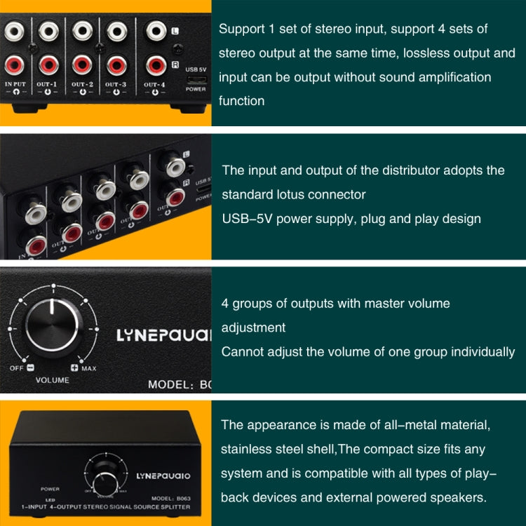 1 en 4 salidas, señal de frecuencia de Audio, dispositivo de distribución, interfaz RCA de salida sin consumo, 1 In 4 Out RCA Interface