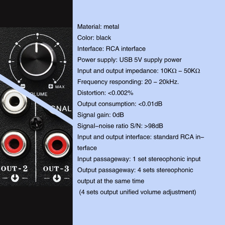 1 en 4 salidas, señal de frecuencia de Audio, dispositivo de distribución, interfaz RCA de salida sin consumo, 1 In 4 Out RCA Interface