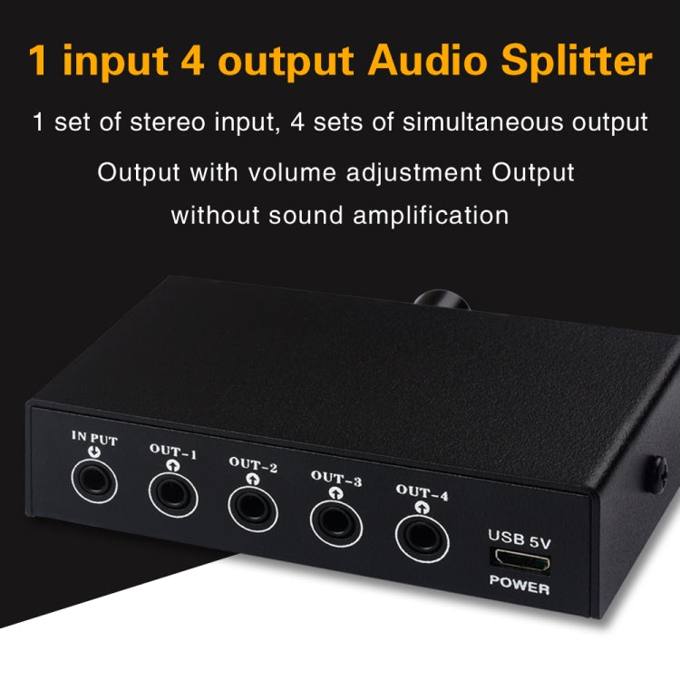 Dispositivo de distribución divisor de señal de frecuencia de audio 1 en 4 salidas, sin consumo, salida de interfaz de 3,5 mm, 1 In 4 Out 3.5mm Interface