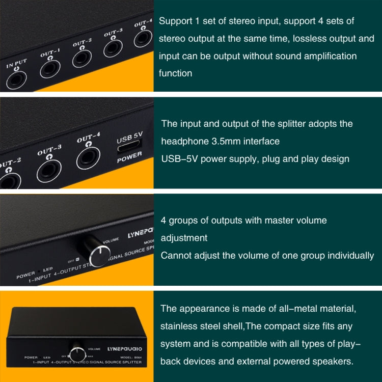 Dispositivo de distribución divisor de señal de frecuencia de audio 1 en 4 salidas, sin consumo, salida de interfaz de 3,5 mm, 1 In 4 Out 3.5mm Interface
