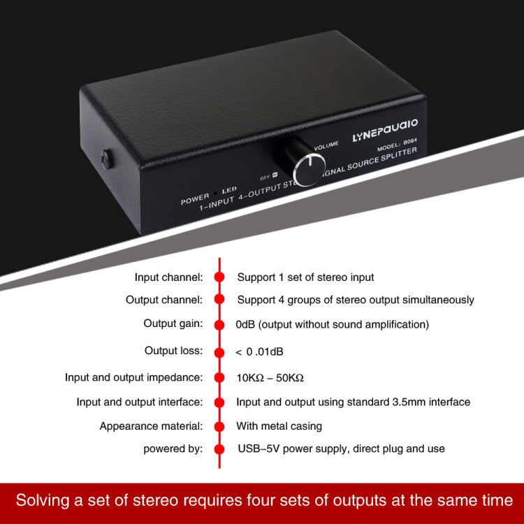 Dispositivo de distribución divisor de señal de frecuencia de audio 1 en 4 salidas, sin consumo, salida de interfaz de 3,5 mm, 1 In 4 Out 3.5mm Interface