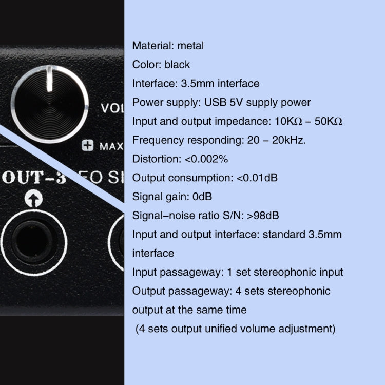 Dispositivo de distribución divisor de señal de frecuencia de audio 1 en 4 salidas, sin consumo, salida de interfaz de 3,5 mm, 1 In 4 Out 3.5mm Interface