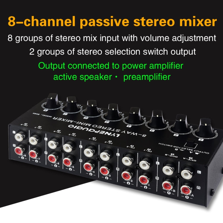 B066 Mini mezclador pasivo de sonido estéreo de 8 canales RCA sin fuente, sin fuente de alimentación, 8 Channel RCA
