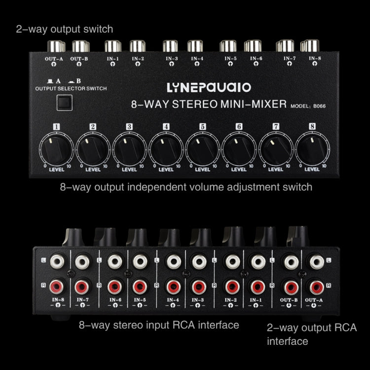 B066 Mini mezclador pasivo de sonido estéreo de 8 canales RCA sin fuente, sin fuente de alimentación, 8 Channel RCA
