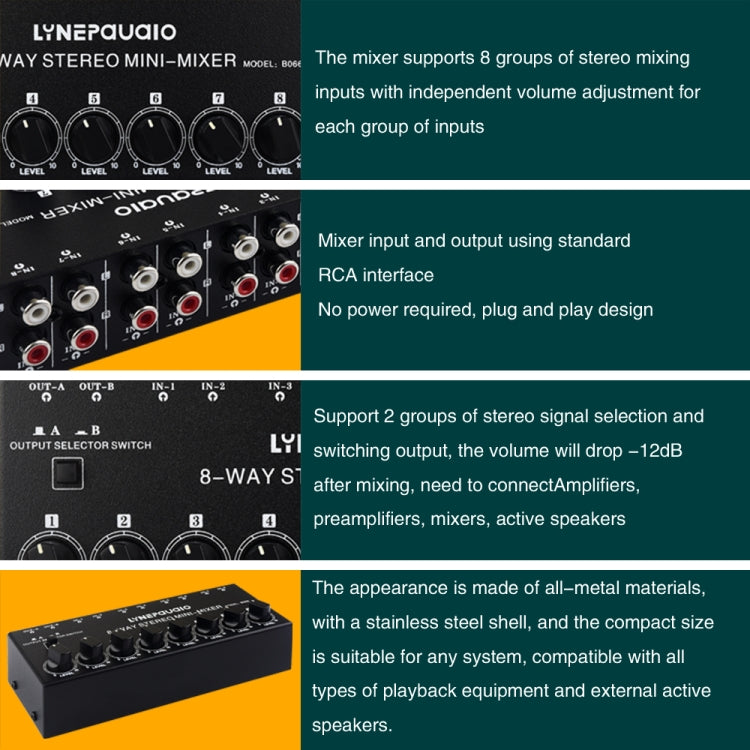 B066 Mini mezclador pasivo de sonido estéreo de 8 canales RCA sin fuente, sin fuente de alimentación, 8 Channel RCA