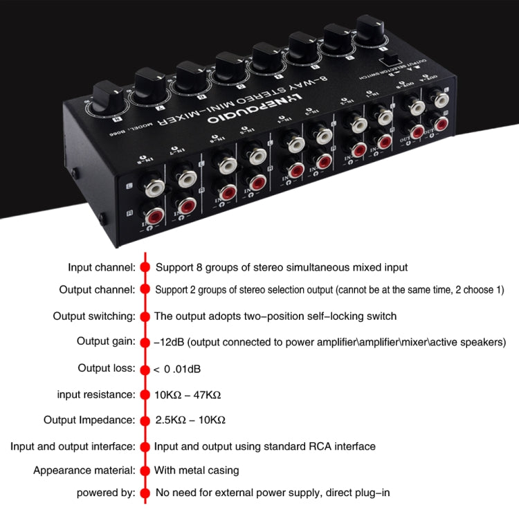 B066 Mini mezclador pasivo de sonido estéreo de 8 canales RCA sin fuente, sin fuente de alimentación, 8 Channel RCA
