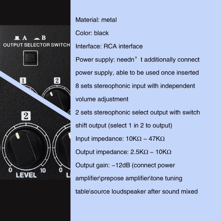 B066 Mini mezclador pasivo de sonido estéreo de 8 canales RCA sin fuente, sin fuente de alimentación, 8 Channel RCA