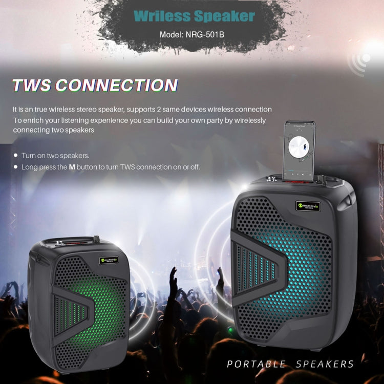 NewRixing NRG501B Altavoz inalámbrico de karaoke para exteriores Amplificador de audio de alta potencia, With Mic, No Mic