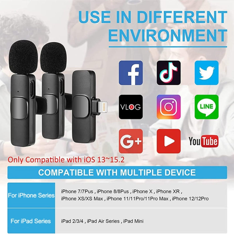 Mini micrófono en vivo con cancelación automática de ruido y clip inalámbrico K9 para dispositivo de 8 pines 2 en 1, K9IP-2