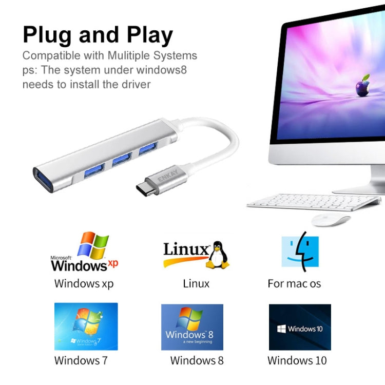 ENKAY Hat-Prince ENK-AT114 4 puertos USB 3.0 Splitter Multi-Ports Expansion HUB Extender Connector Adapter, USB 3.0, Type-C