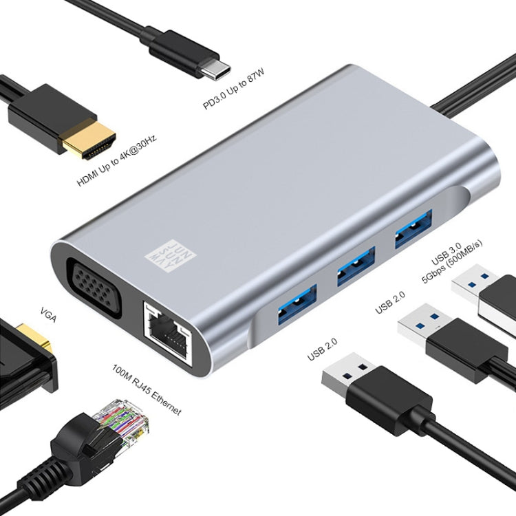JUNSUNMAY 7 en 1 Tipo-C a 4K HDMI / VGA / Ethernet Adaptador de estación de acoplamiento Hub USB-C, JSM-HUB001