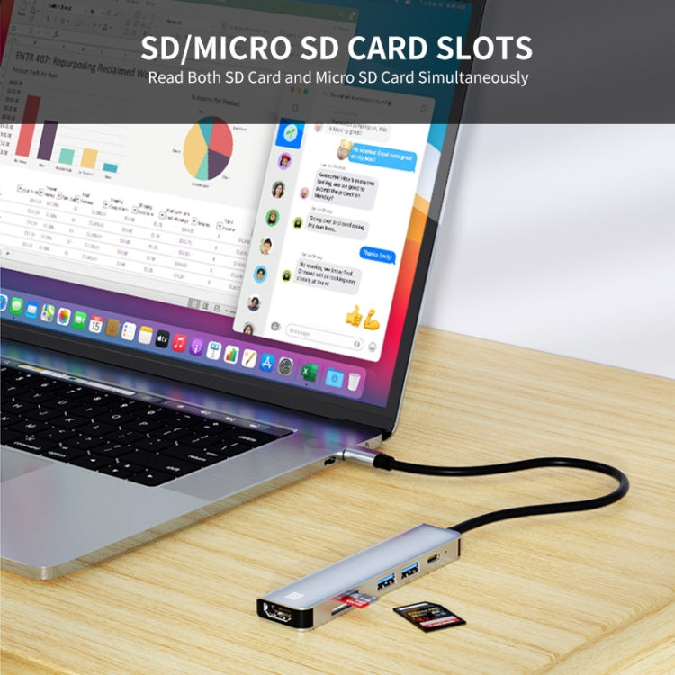 JUNSUNMAY 6 en 1 Tipo-C a 4K HDMI Adaptador de estación de acoplamiento USB-C PD Hub de carga rápida Lector de tarjetas SD/TF, JSM-HUB005