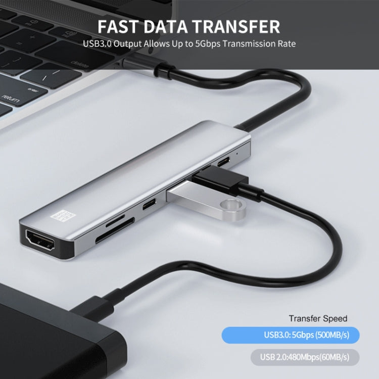 JUNSUNMAY 7 en 1 Tipo-C a 4K HDMI Adaptador de estación de acoplamiento PD Quick Charge Hub SD/TF Lector de tarjetas, JSM-HUB007
