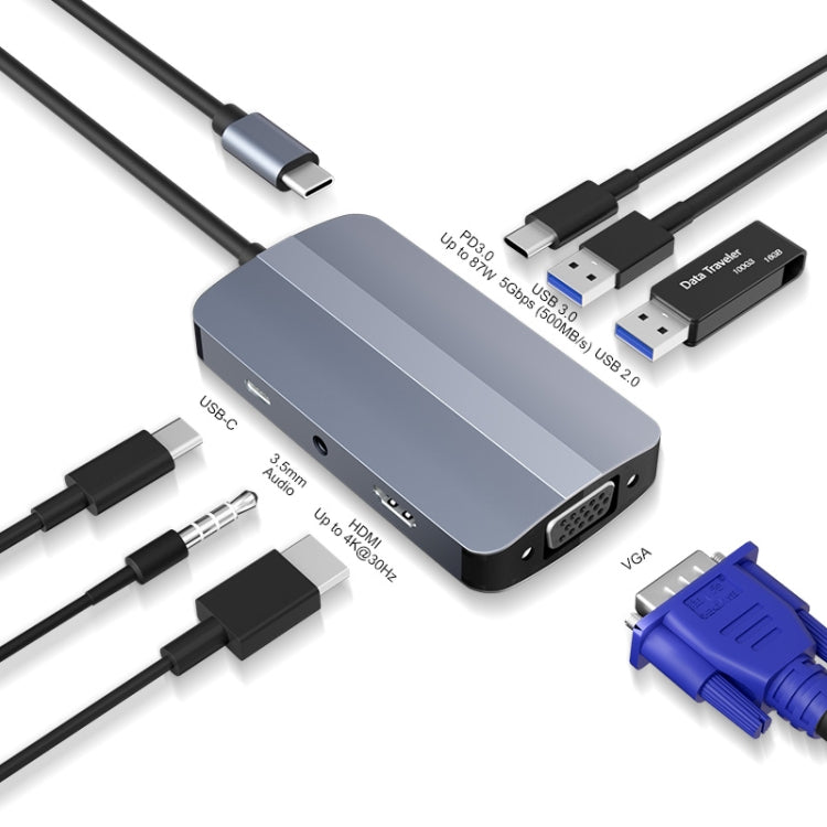 JUNSUNMAY 7 en 1 Tipo-C a 4K HDMI + VGA + Adaptador de estación de acoplamiento de audio de 3,5 mm PD Hub de carga rápida, JSM-HUB016