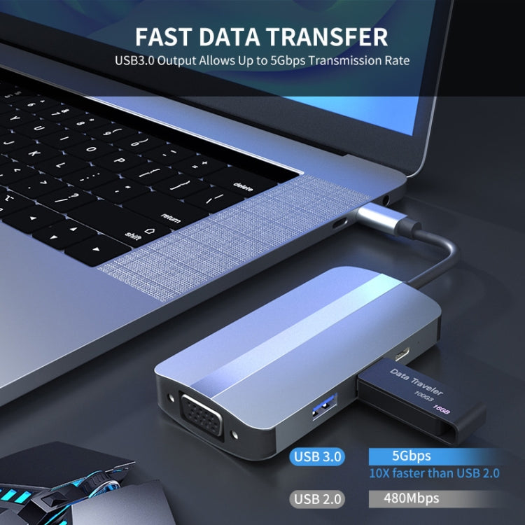 JUNSUNMAY 7 en 1 Tipo-C a 4K HDMI + VGA + Adaptador de estación de acoplamiento de audio de 3,5 mm PD Hub de carga rápida, JSM-HUB016