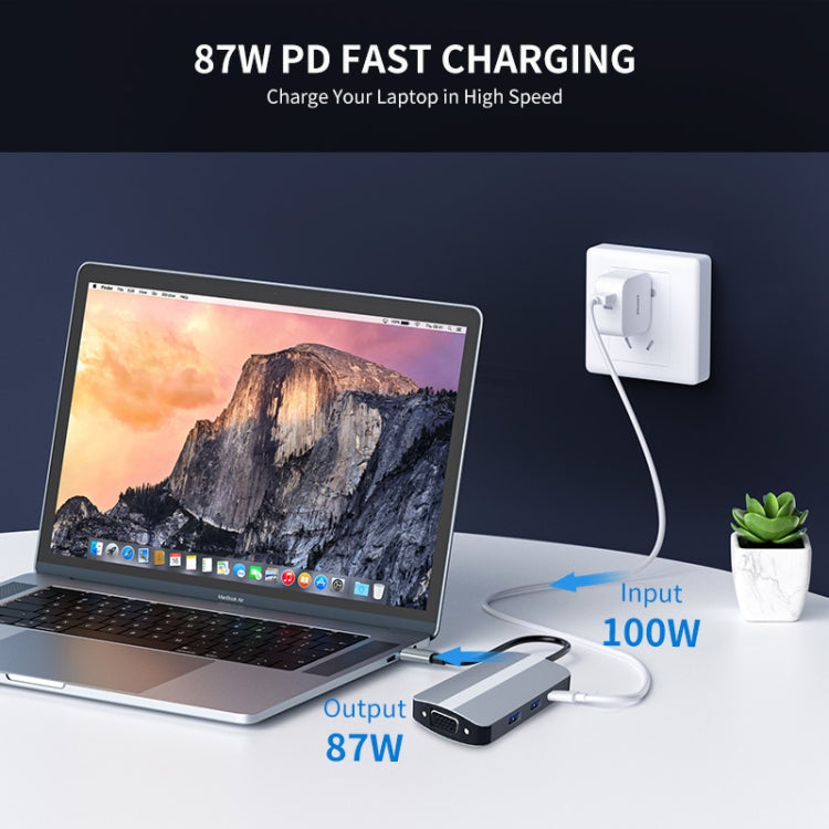 JUNSUNMAY 7 en 1 Tipo-C a 4K HDMI + VGA + Adaptador de estación de acoplamiento de audio de 3,5 mm PD Hub de carga rápida, JSM-HUB016