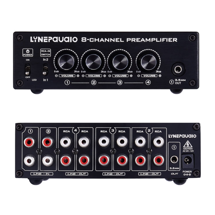 Distribuidor de altavoces preamplificador, conmutador de 2 entradas y 8 salidas, comparador de altavoces, amplificador de señal, con control de volumen y auriculares 16-600 ohmios/función de monitor Entrada de conmutación de señal de 2 canales