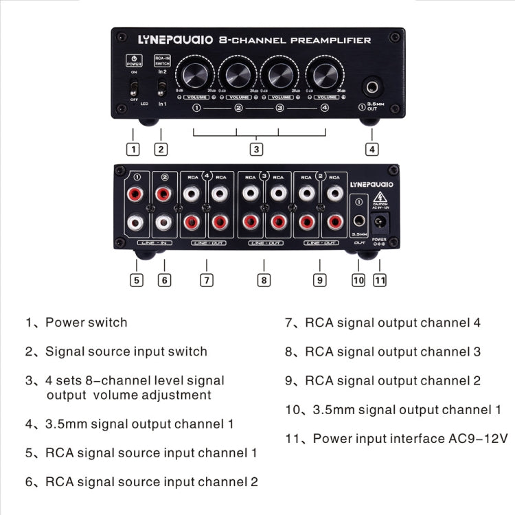 Distribuidor de altavoces preamplificador, conmutador de 2 entradas y 8 salidas, comparador de altavoces, amplificador de señal, con control de volumen y auriculares 16-600 ohmios/función de monitor Entrada de conmutación de señal de 2 canales