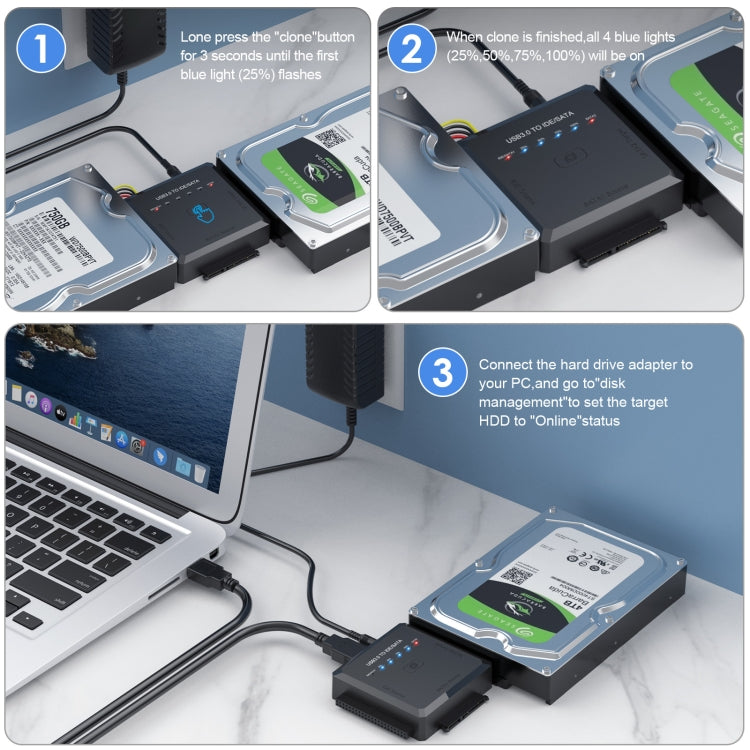 Convertidor adaptador de disco duro USB3.0 a SATA o IDE con función de clonación