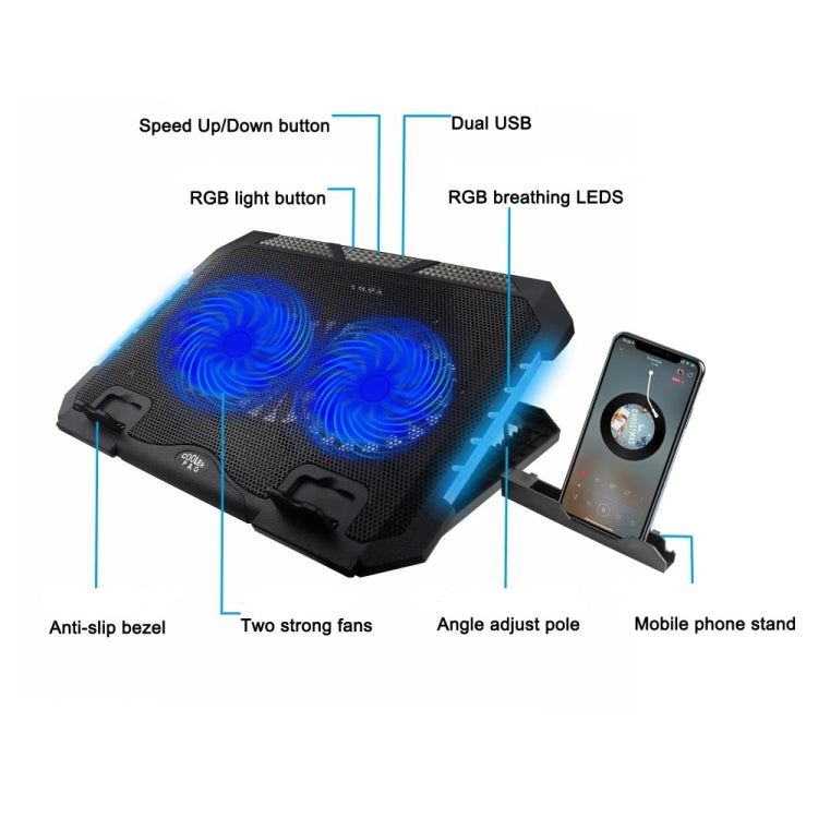 S900 Puertos USB duales Altura ajustable RGB Soporte de almohadilla de enfriamiento para computadora portátil, S900