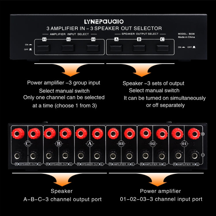 Amplificador de potencia de 3 entradas y 3 salidas y conmutador de altavoz, divisor de interruptor de altavoz, comparador, B036