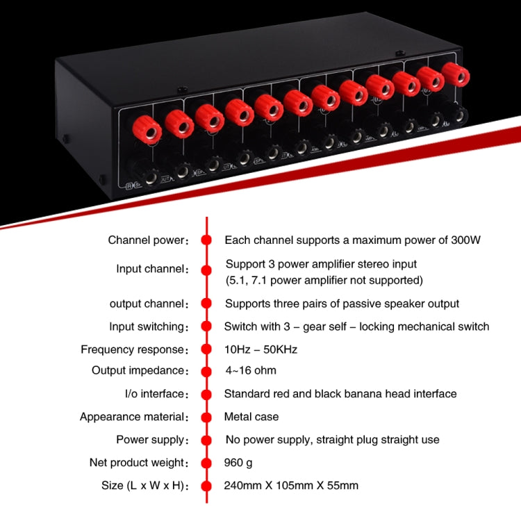 Amplificador de potencia de 3 entradas y 3 salidas y conmutador de altavoz, divisor de interruptor de altavoz, comparador, B036