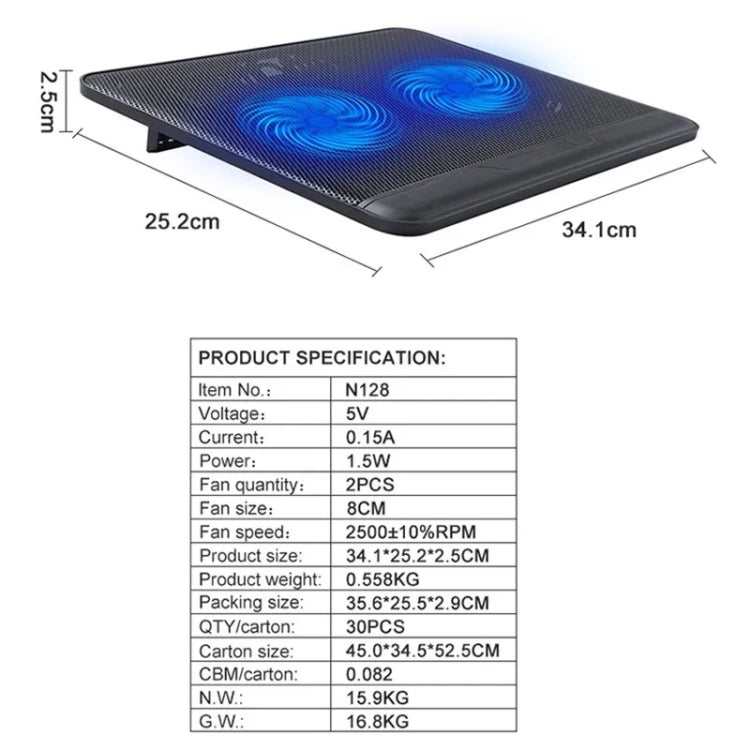 N128 Work Game Dual Fan Laptop Cooling Pad Soporte de disipación de calor con luz LED, N128