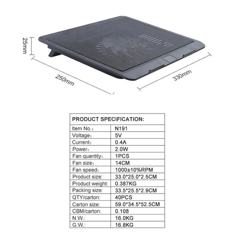 N191 USB Powered Portable Slim Silent Fan Laptop Cooling Pad con soporte, N191