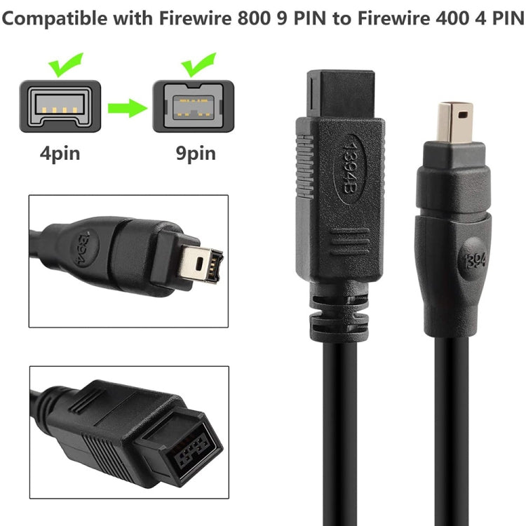 JUNSUNMAY FireWire de alta velocidad Premium DV 800 9 pines macho a FireWire 400 4 pines macho IEEE 1394 Cable, 1.8m, 3m, 4.5m