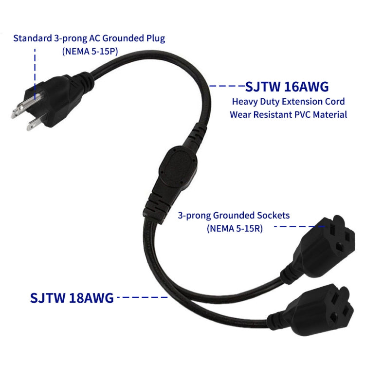 JUNSUNMAY US 1.6FT NEMA 5-15P Salida de 1 a 2 vías NEMA 5-15R SJT 16AWG Extensor de cable de alimentación de 3 clavijas